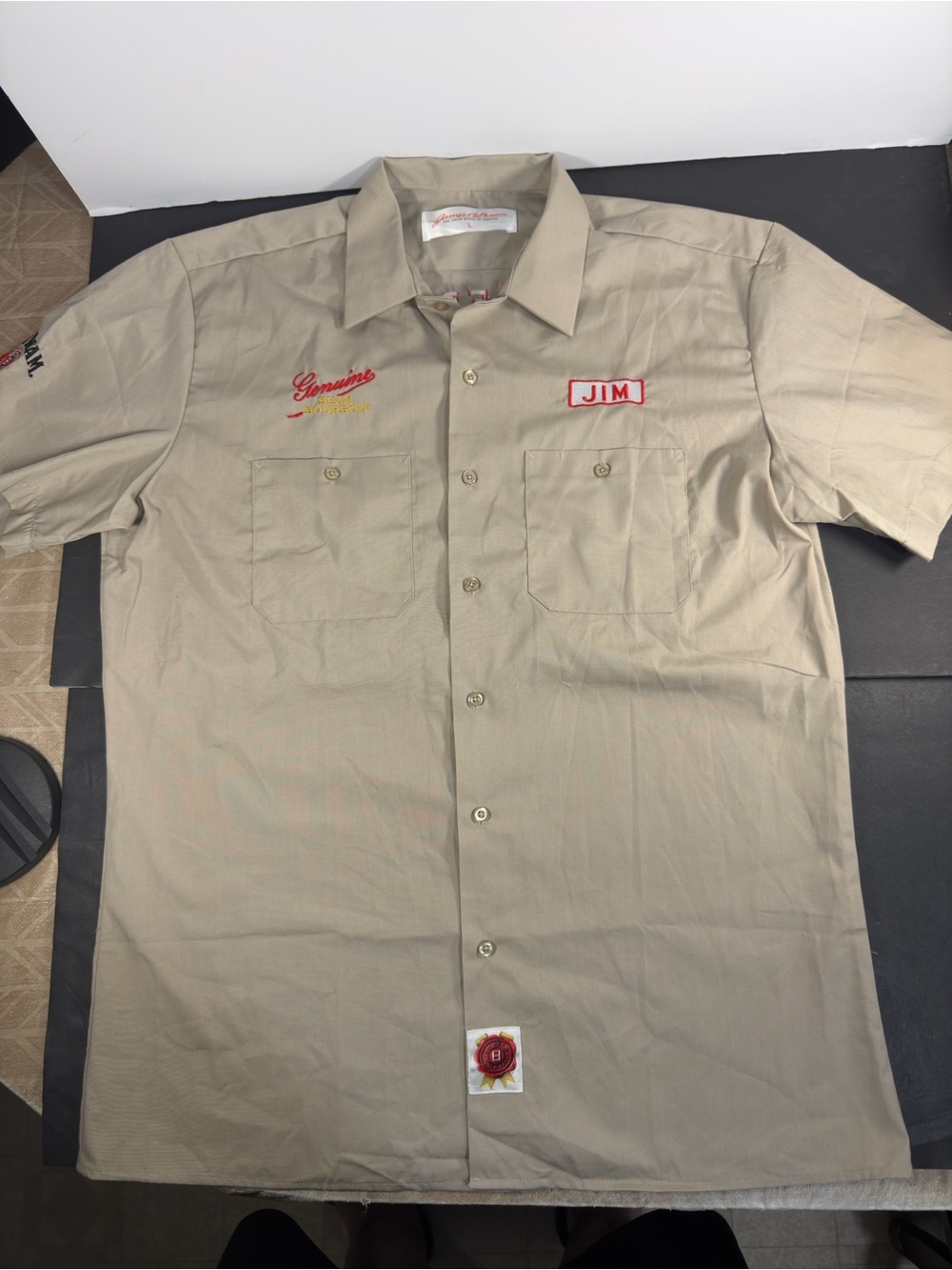 Vintage Jim Beam Bourbon Work Shirt Men's Large Tan Need A Break From Beer Promo